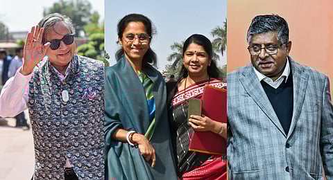 (L-R) Congress MP Shashi Tharoor. NCP (SP) MP Supriya Sule, DMK MP Kanimozhi and BJP MP Ravi Shankar