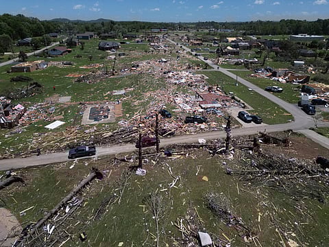 A home is destroyed after a severe storm passed through the area Saturday, May 17, 2025, in London