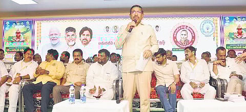 MAUD Minister P Narayana speaking at the 125th birth anniversary celebrations of Potti Sriramulu in Nellore city on Sunday