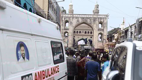 People and police at the site after a fire broke out in a building near Gulzar Houz in the Old City area of Hyderabad. At least eight people reportedly lost their lives and several others were injured in the tragic incident.