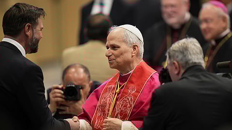 Pope Leo XIV meets US Vice President JD Vance after the formal inauguration of his pontificate in St. Peter's Square, at the Vatican, Sunday, May 18, 2025.