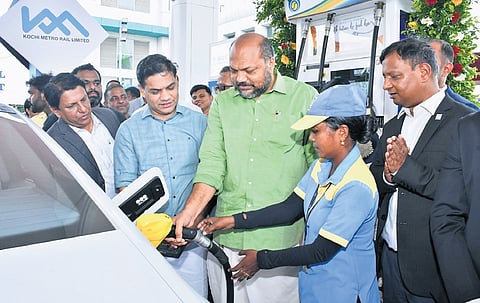 Industries Minister P Rajeeve inaugurates BPCL-owned fuel station in Kalamassery on Monday.