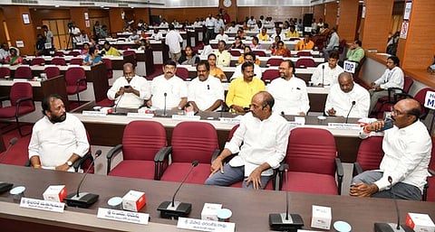 MLAs and corporators at the election of GVMC deputy mayor at GVMC head quarters in Visakhapatnam on Monday.