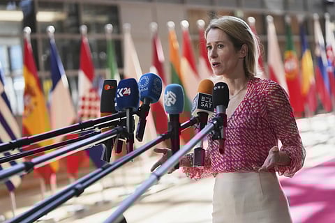 European Union foreign policy chief Kaja Kallas speaks with the media as she arrives for a meeting of EU defense ministers at the European Council building in Brussels, Tuesday, May 20, 2025.