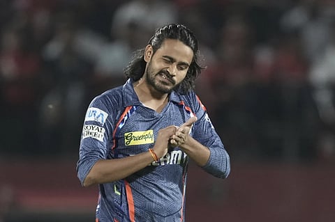 Lucknow Super Giants' Digvesh Rathi celebrates the dismissal of Punjab Kings' Prabhsimran Singh during the Indian Premier League cricket match between Lucknow Super Giants and Punjab Kings at Himachal Pradesh Cricket Association Stadium in Dharamshala, India, Sunday, May 4, 2025.