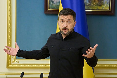 Ukrainian President Volodymyr Zelenskyy speaks during a briefing in Kyiv, Ukraine, Monday, May 19, 2025