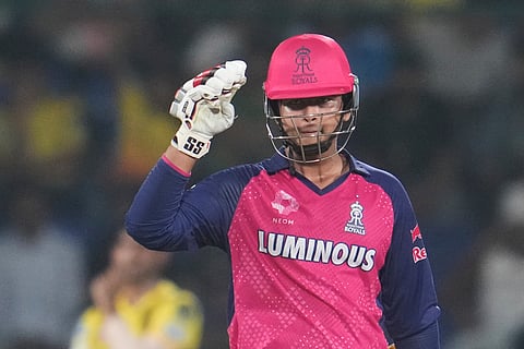 Rajasthan Royals' Vaibhav Suryavanshi celebrates after scoring fifty runs during the Indian Premier League match against Chennai Super Kings.