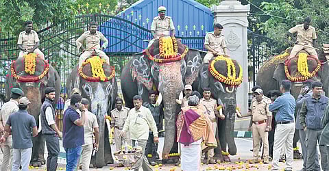 Elephants are being garlanded during the event at Vidhana Soudha in Bengaluru on Wednesday.