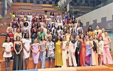 Contestants from Asia, Europe and Oceania pose for posterity before heading off to showcase their Beauty with Purpose presentations at T-Hub on Wednesday