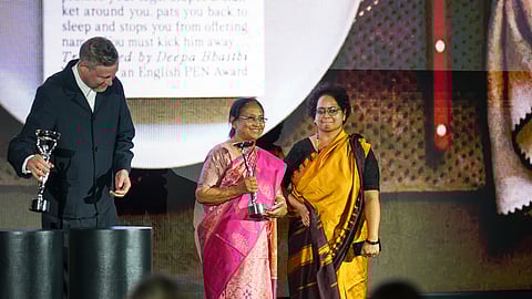 Banu Mushtaq, author of 'Heart Lamp', left, and Deepa Bhasthi react after winning the International Booker Prize, in London, Tuesday, May 20, 2025