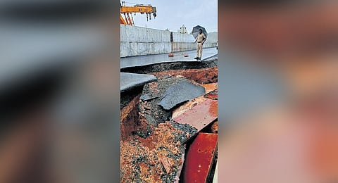 The service road along NH 66 that caved in at Chemmattamvayal near Mavungal in Kasaragod on Tuesday