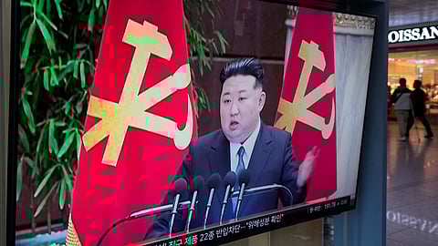 A TV screen shows a file image of North Korean leader Kim Jong Un during a news program at Seoul Railway Station in Seoul, South Korea, Thursday, May 22, 2025.