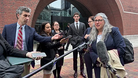 Lawyers for several individuals facing deportation speak to the media Wednesday, May 21, 2025, in Boston, after a federal judge ruled the White House violated a court order on deportations to third countries with a flight linked to the chaotic African nation of South Sudan.