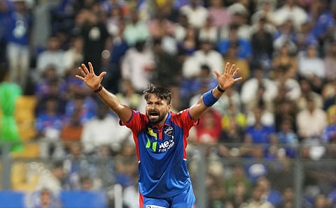 Delhi Capitals' Mukesh Kumar appeals unsuccessfully for the wicket of Mumbai Indians' Will Jacks during the Indian Premier League (IPL) 2025 cricket match between Mumbai Indians and Delhi Capitals at the Wankhede Stadium, in Mumbai, Wednesday, May 21, 2025.