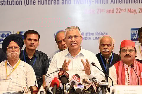 P.P. Chaudhary, Chairman of the Joint Parliamentary Committee, addressing the press on Thursday.