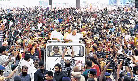 Chief Minister Pinarayi Vijayan arriving at the venue of the valedictory of the government’s fourth anniversary celebrations in the capital on Friday