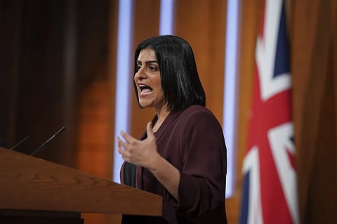 British Justice Secretary Shabana Mahmood speaks in the No. 9 Downing Street Media Briefing Room, in Westminster, London.