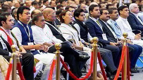 Reliance Industries Chairman Mukesh Ambani, Adani Group Chairman Gautam Adani, Founder and Chairman of Vedanta Resources Limited Anil Agarwal and others during the Rising Northeast Investors Summit 2025, in New Delhi.