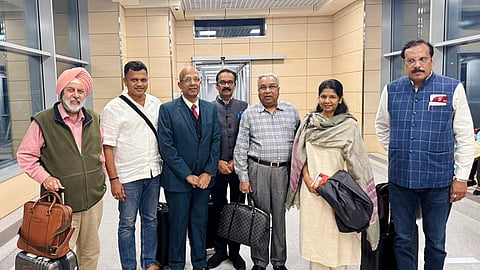 All-party delegation led by Dravida Munnetra Kazhagam MP Kanimozhi receives a warm welcome from the Indian Ambassador to Russian Federation Vinay Kumar on their arrival at Domodedovo International Airport for Operation Sindoor global outreach, in Moscow on Thursday.