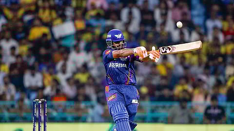 Lucknow Super Giants' captain Rishabh Pant plays a shot during an IPL 2025 match.