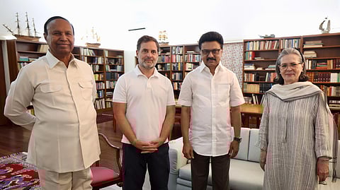 Rahul Gandhi, Leader of the Opposition, and Sonia Gandhi, Chairperson of the Congress Parliamentary Party, with Tamil Nadu Chief Minister M. K. Stalin and DMK leader TR Baalu. Stalin is in Delhi to attend the NITI Aayog meeting.