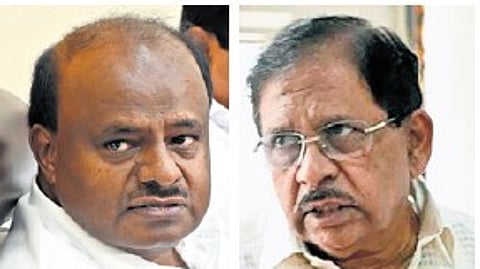 Union Minister For Steel and Heavy Industries HD Kumaraswamy (L) and Home Minister Dr G Parameshwara.