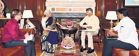 CM Nara Chandrababu Naidu with Union Finance Minister Nirmala Sitharaman in New Delhi on Friday.