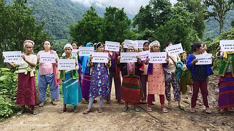 Women protestors holding placards against the Siang Upper Multipurpose Project on 23 May, 2025