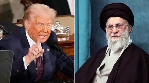 This combo of pictures shows US President Donald Trump, left, addressing a joint session of Congress at the Capitol in Washington, March 4, 2025, and a handout of Supreme Leader Ayatollah Ali Khamenei attending a ceremony in Tehran, Iran, March 8, 2025.