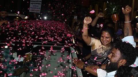 Supporters welcome BRS MLC K Kavitha back home at the Rajiv Gandhi International Airport in Hyderabad on May 23, 2025.
