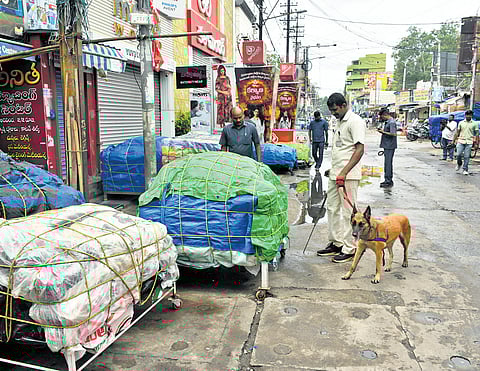 Bomb disposal squad combs Besant Road in Vijayawada for explosive material after receiving a threatening call on Saturday