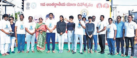 A special yoga session was organised on BRTS Road in Vijayawada.