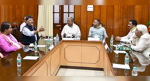 Chief Minister Siddaramaiah with DCM Dk Shivakumar Spekar UT Khadar LOP Leader R Ashoka and others during a meeting held to rewoke disqulification of 18 MLAs at Vidhana Soudha in Bengaluru on Sunday.