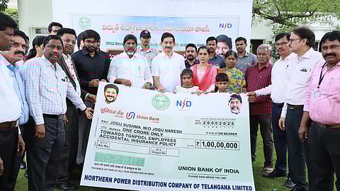 Deputy Chief Minister Mallu Bhatti Vikramarka on Monday handed over a cheque for Rs one crore to the family of Jogun Naresh, who lost his life in an accident while on duty under NPDCL.