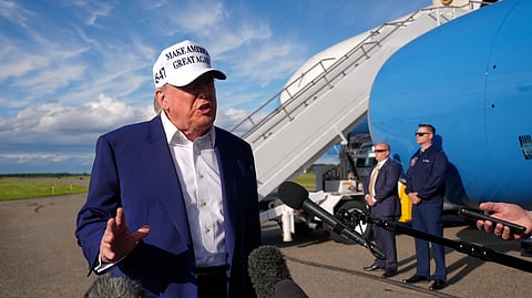 President Donald Trump speaks to reporters in Morristown, N.J., Sunday, May 25, 2025.