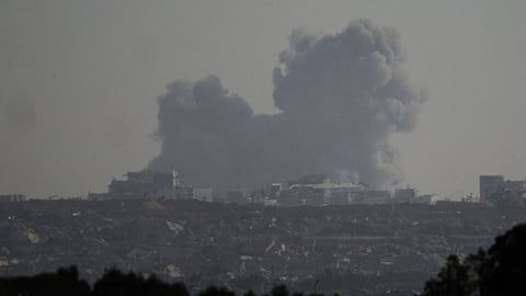 An Israeli bombardment in the Gaza Strip is seen from southern Israel, Monday, May 26, 2025.
