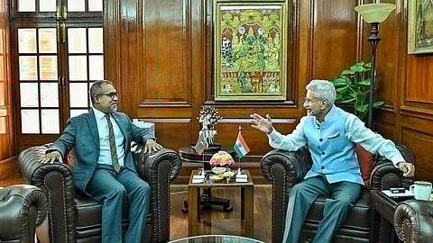 External Affairs Minister S Jaishankar with Minister of Foreign Affairs of Maldives Abdulla Khaleel (L) during a meeting in New Delhi on May 26, 2025.