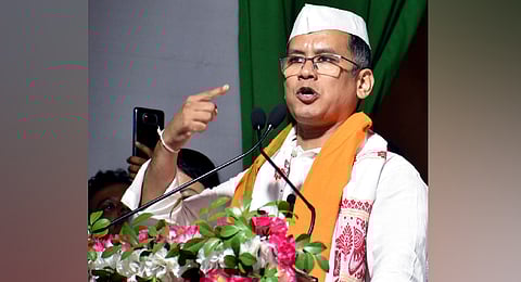 In this image from May 1, 2025, Deputy Leader of Congress in Lok Sabha and Assam MP Gaurav Gogoi addresses the gathering during the Samvidhan Bachao Abhiyan, at Raha in Nagaon.