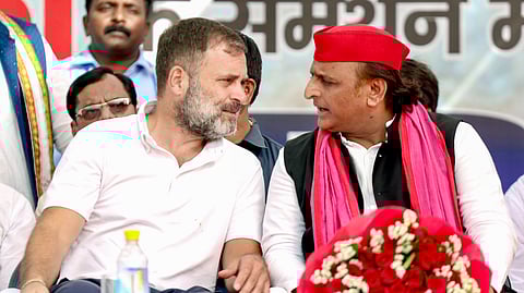 In this photo from Apr 20, 2024, Congress leader Rahul Gandhi and Samajwadi Party Chief Akhilesh Yadav during an election rally for the 2024 Lok Sabha elections in Amroha, Uttar Pradesh.