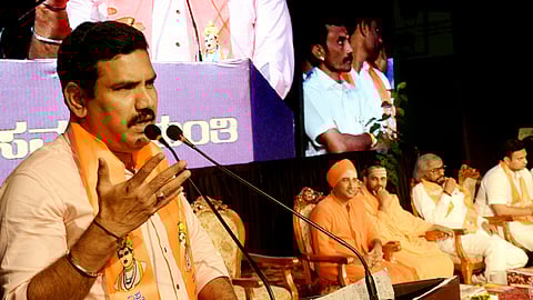 BJP state president BY Vijayendra speaking during Basava Jayanthi celebration in Mysuru on Saturday.