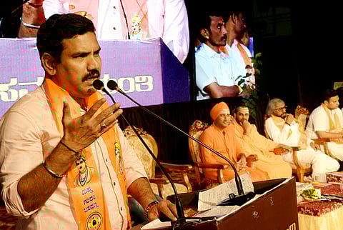 BJP state president BY Vijayendra speaking during Basava Jayanthi celebration in Mysuru on Saturday.