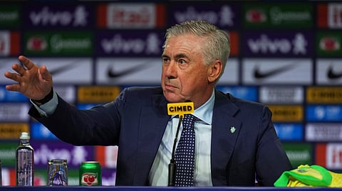 Brazil's new national football team head coach Carlo Ancelotti attends a news conference to announce the players who will compete in the World Cup qualifiers against Ecuador and Paraguay, in Rio de Janeiro, Monday, May 26, 2025.