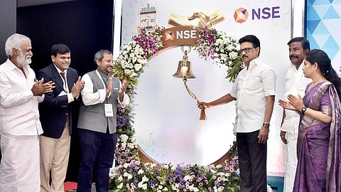 CM MK Stalin rings the bell to mark the listing, at Kalaivanar Arangam