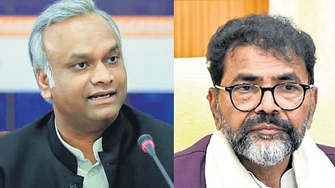 Leader of Opposition in the RDPR Minister Priyank Kharge (L), Council Chalavadi T Narayanaswamy