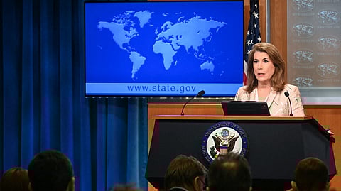 US State Department spokesperson Tammy Bruce speaks during a press briefing at the State Department in Washington