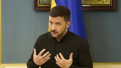 Ukrainian President Volodymyr Zelenskyy speaks during a briefing in Kyiv, Ukraine, Monday, May 19, 2025.