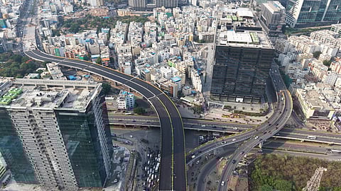An aerial view of the six-lane bi-directional Shilpa Layout flyover Phase 2 of 1.20 kilometres from Gachibowli to Kondapur is completed and ready for inauguration.