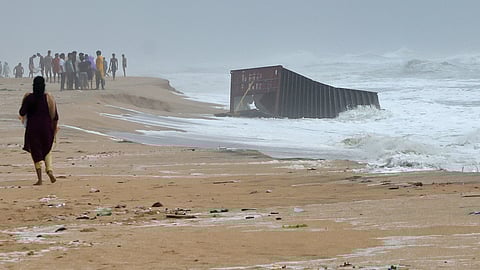 A container that fell from the container vessel MSC ELSA-3 that sank near Kochi has washed up on the shores of Papanasam beach, Varka in Thiruvananthapuram on Tuesday.