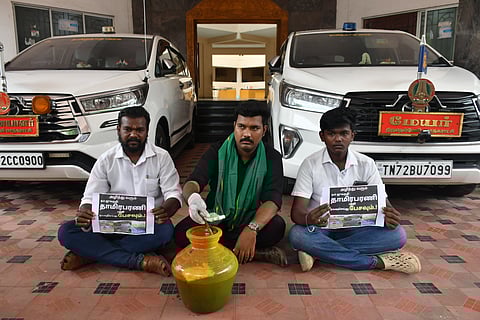 Councillors who walked out of the council session staging a protest at the Tirunelveli corporation office demanding the removal of Commissioner Dr N O Sukhaputra