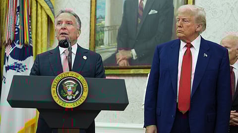US President Donald Trump, right, listens as White House special envoy Steve Witkoff, left, speaks during a ceremony in the Oval Office of the White House in Washington, Wednesday, May 28, 2025.